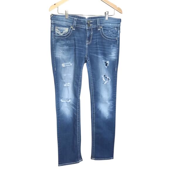 Vigoss The Chelsea Boyfriend Cut Distressed 5 Pocket Blue Jeans Size 11/12 - Picture 1 of 8